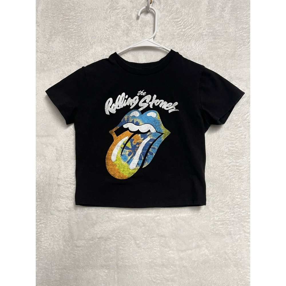 Rolling Stones Black Tie Dye Tongue Logo Crop Top Tee Women's Medium